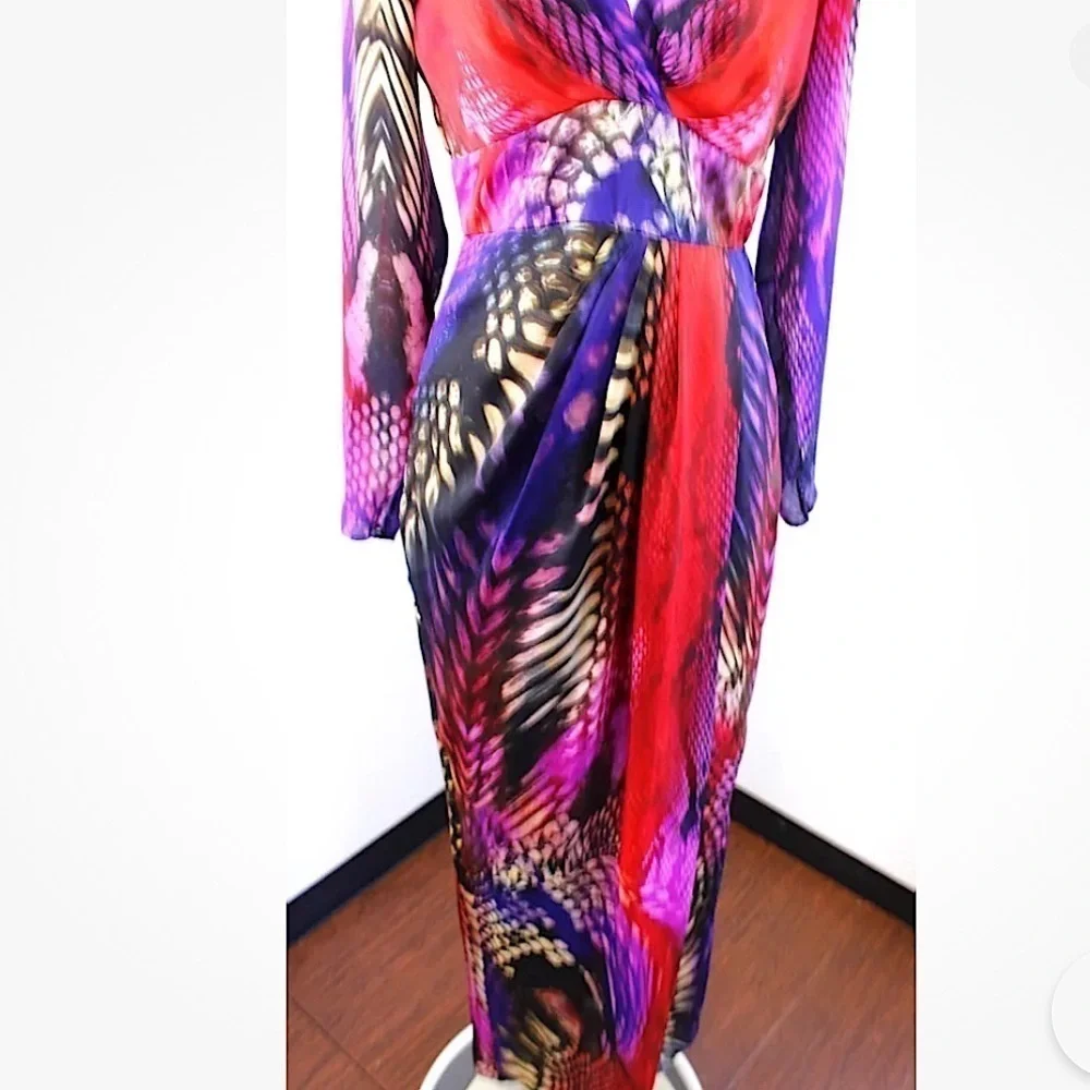Boston Proper Mirrored Anaconda Maxi low cut &slit Dress, faux wrap women’s 2 - Picture 4 of 9